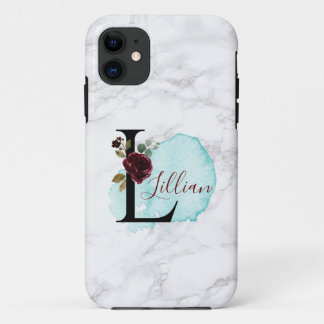 Personalised Merlot Navy Floral Letter L with Name iPhone 11 Case
