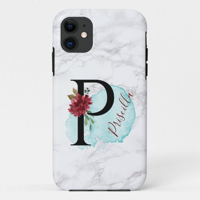 Personalised Merlot Navy Floral Letter P with Name Case-Mate iPhone Case (Back)