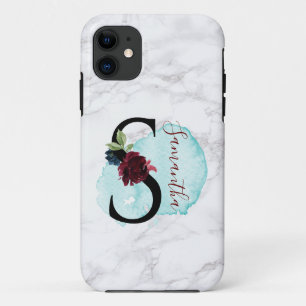 Personalised Merlot Navy Floral Letter S with Name iPhone 11 Case