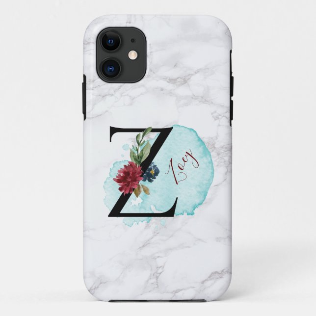 Personalised Merlot Navy Floral Letter Z with Name Case-Mate iPhone Case (Back)