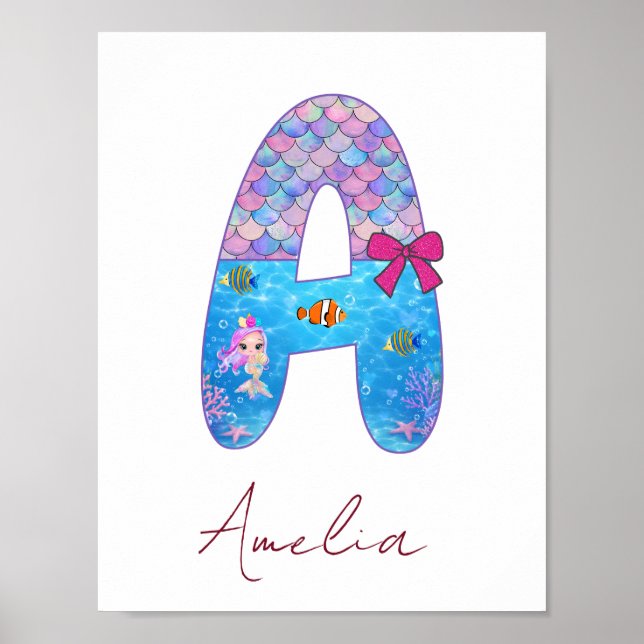 Personalised Mermaid Alphabet Letter A  Poster (Front)