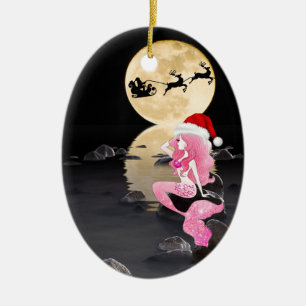 Personalised Mermaid and Santa Hat Merry Christmas Ceramic Tree Decoration