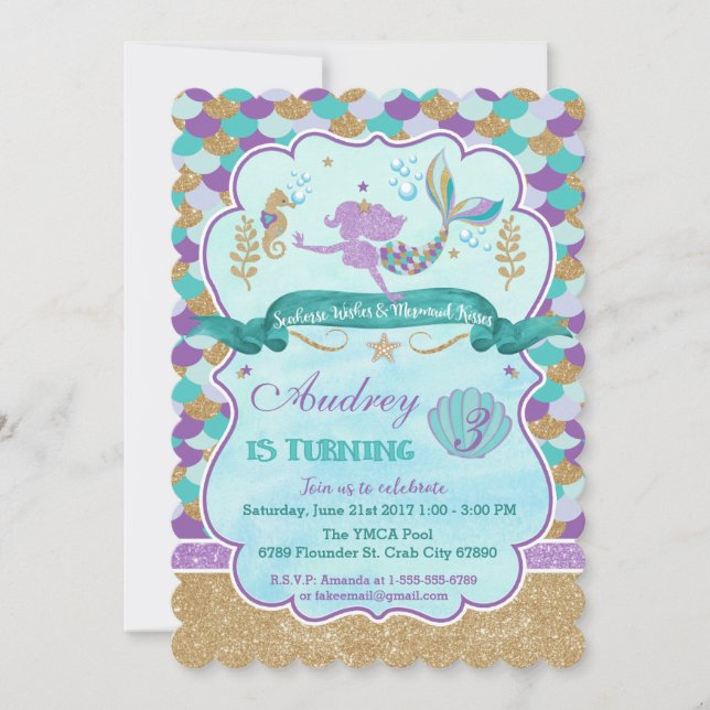 Personalised Mermaid Birthday Party Invitation (Front)