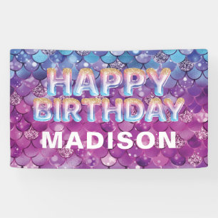 Personalised Mermaid Birthday Pink Blue Glitter Banner