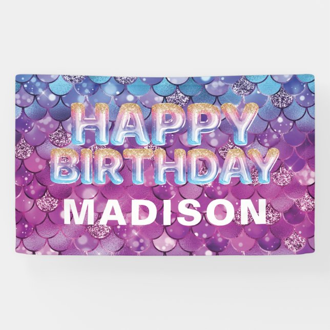 Personalised Mermaid Birthday Pink Blue Glitter Banner (Horizontal)