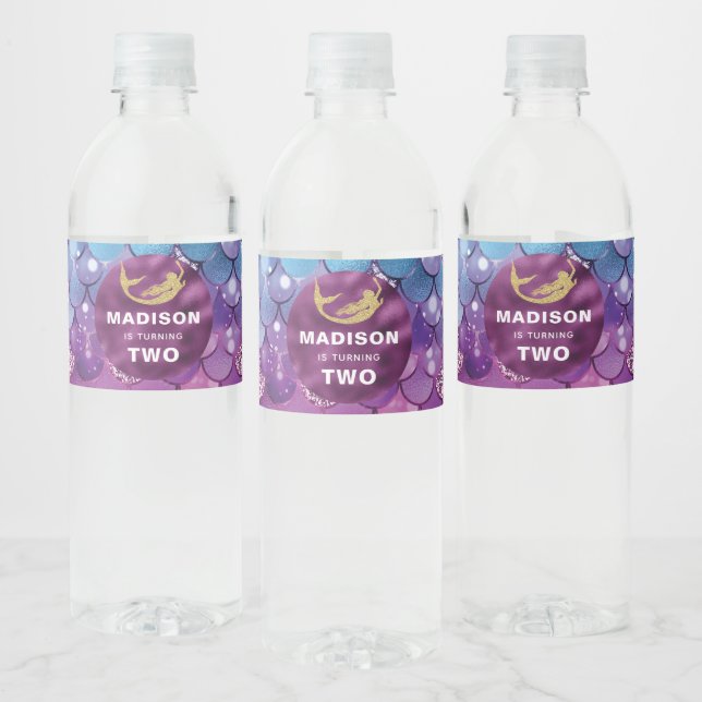 Personalised Mermaid Birthday Pink Purple Glitter Water Bottle Label (Bottles)