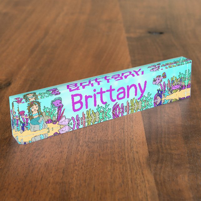 Personalised Mermaid, Fish, Coral Under the Sea Nameplate (Side)