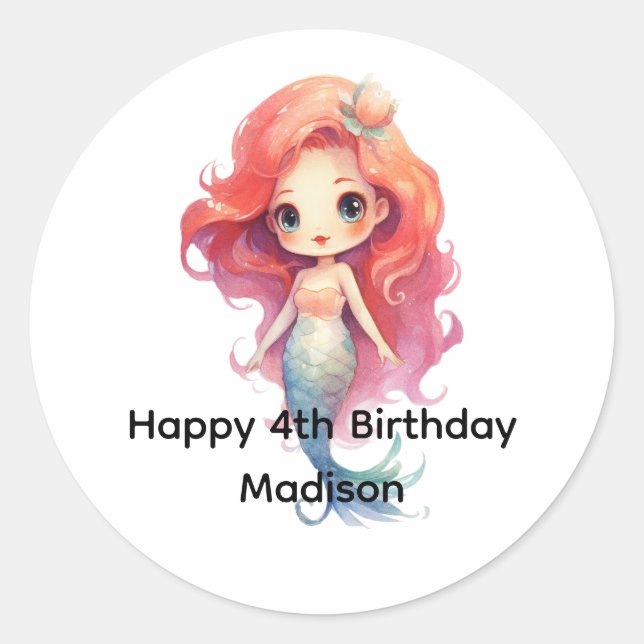 Personalised Mermaid Girls Birthday Favour Classic Round Sticker (Front)