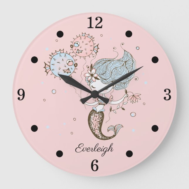 Personalised Mermaid Girl's Nursery Pink Large Clock (Front)