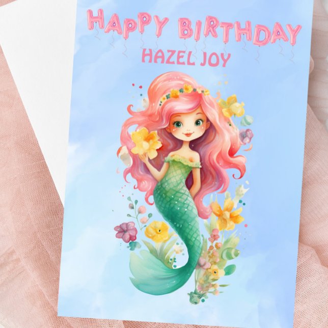 Personalised Mermaid Happy Birthday Card  (Personalized Mermaid Birthday Card - Soft Pastel Watercolors - For Mermaid Lovers)