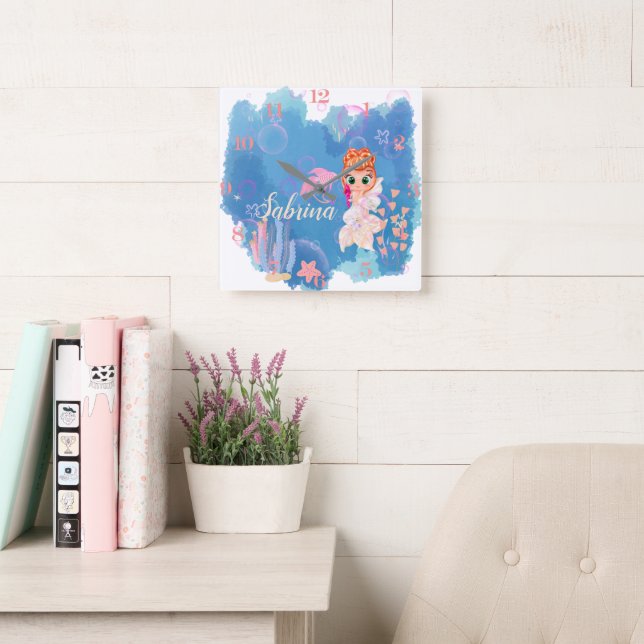 Personalised Mermaid  Square Wall Clock (Reading Room)