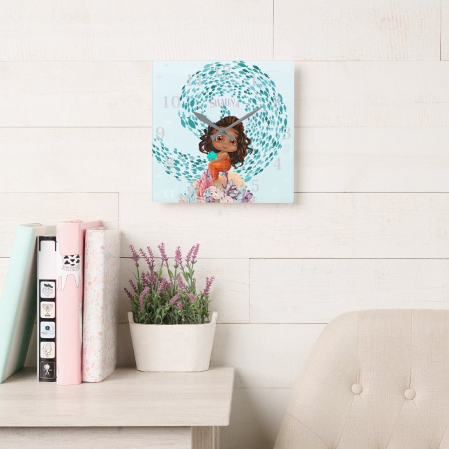 Personalised Mermaid  Square Wall Clock (Reading Room)