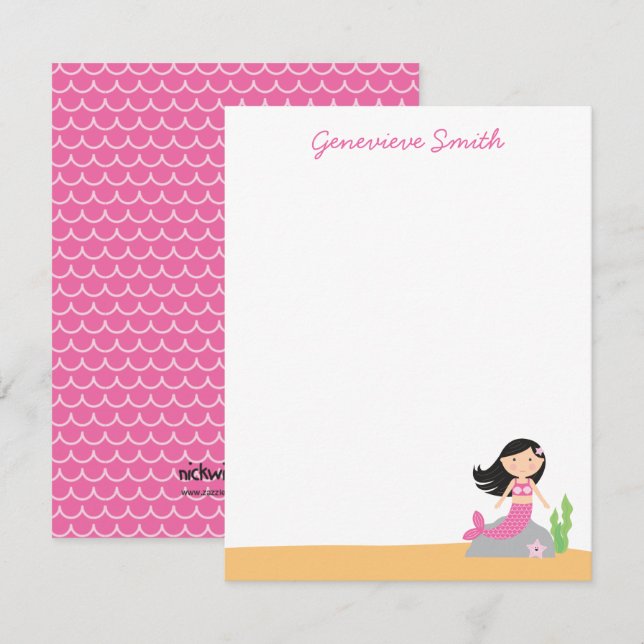 Personalised Mermaid Stationery | Black Hair-Pink Invitation (Front/Back)