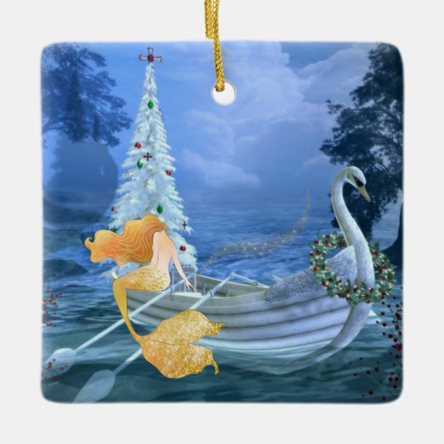 Personalised Mermaid, Swan Boat and Christmas Tree Ceramic Ornament (Front)