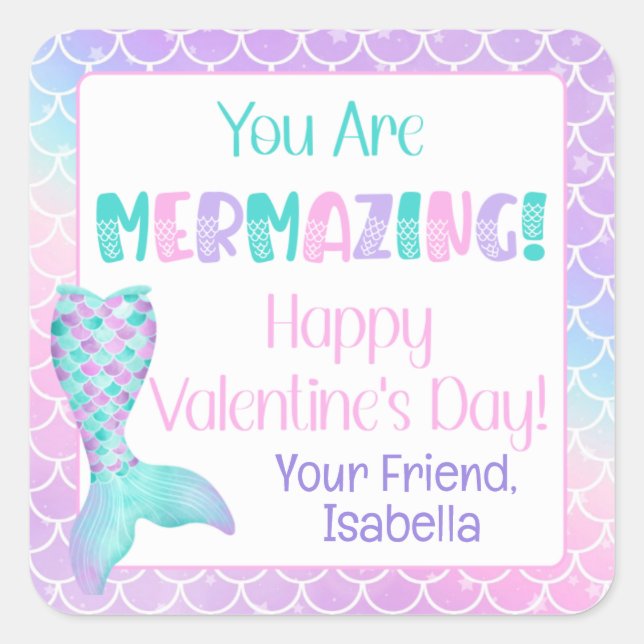 Personalised Mermaid Valentine's Day Square Sticker (Front)