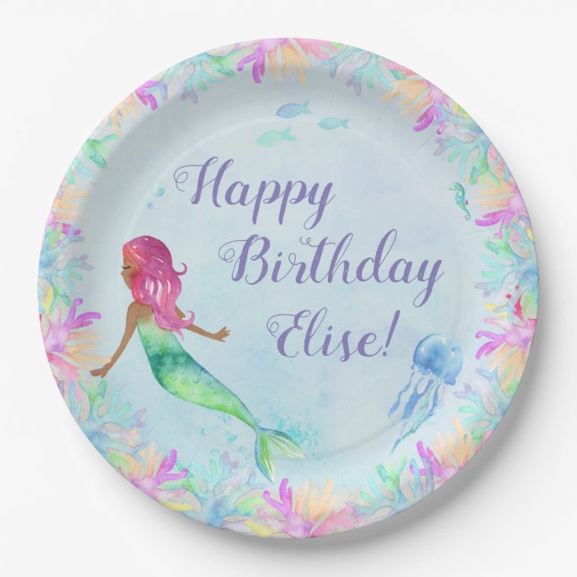 Personalised Mermaid Watercolor Birthday Party Paper Plate (Front)