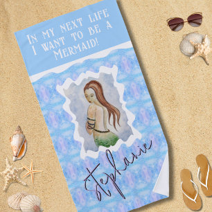 Personalised Mermaid Watercolor Boho Beach Towel