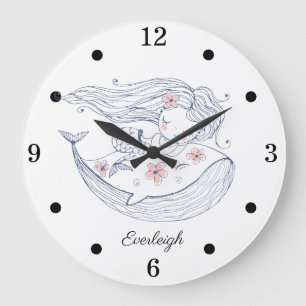 Personalised Mermaid Whale Girl's Nursery  Large Clock