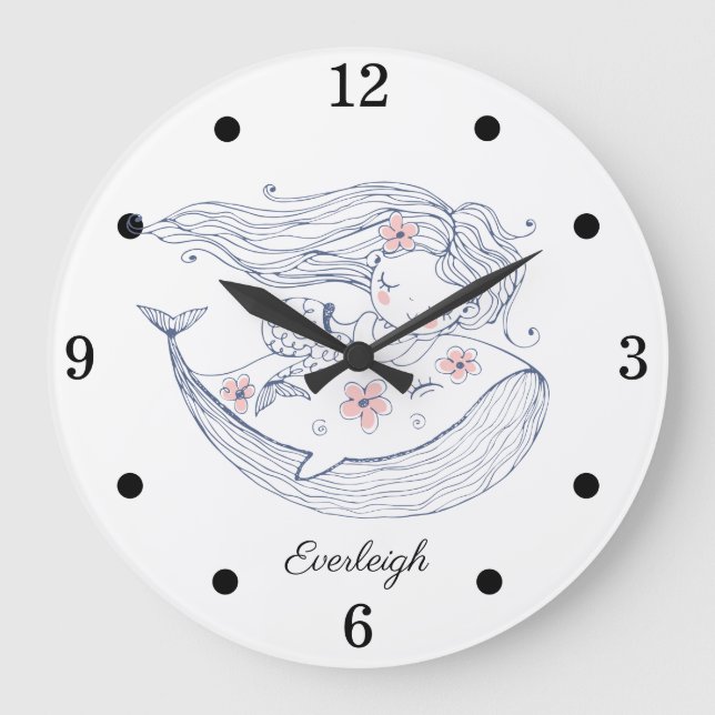Personalised Mermaid Whale Girl's Nursery  Large Clock (Front)