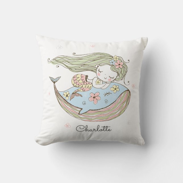 Personalised Mermaid Whale Name Throw Pillow (Front)