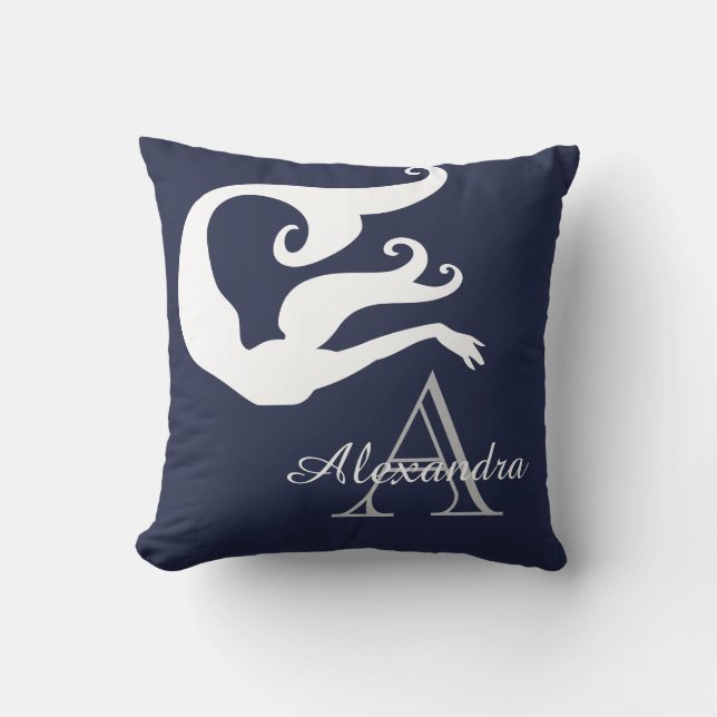 Personalised Mermaid White Navy blue monogrammed Cushion (Front)