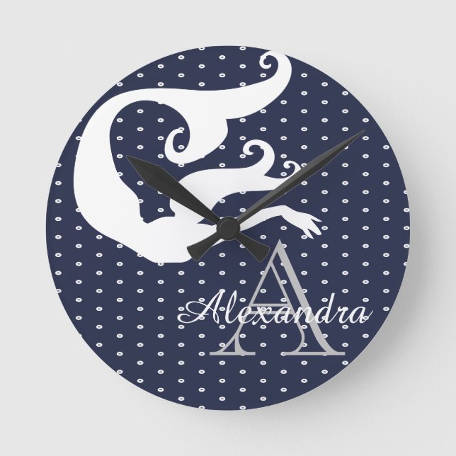 Personalised Mermaid White Navy blue monogrammed  Round Clock (Front)