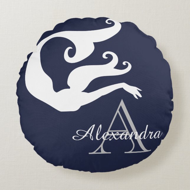Personalised Mermaid White Navy blue monogrammed   Round Cushion (Front)