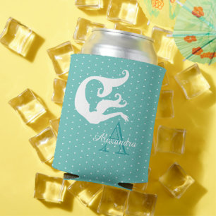 Personalised Mermaid White Teal blue monogrammed Can Cooler