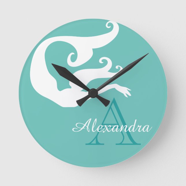 Personalised Mermaid White Teal blue monogrammed R Round Clock (Front)