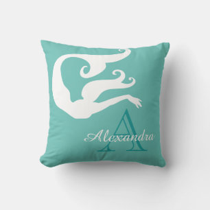 Personalised Mermaid White Teal blue monogrammed T Cushion