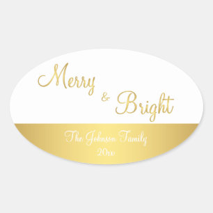 Personalised Merry And Bright Oval Gold Stickers