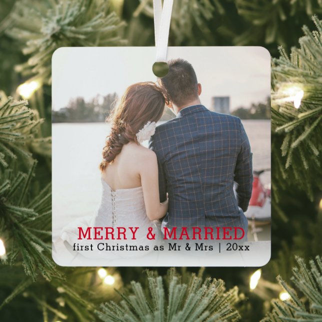 Personalised Merry And Married Christmas Metal Tree Decoration (Insitu)