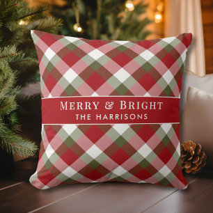 Personalised Merry & Bright Plaid Christmas Cushion