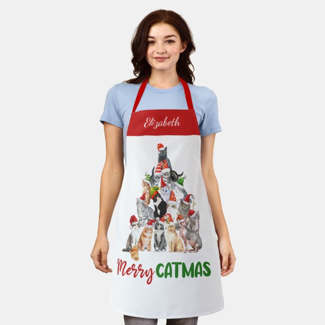 Personalised Merry Catmus Funny Cat Christmas   Apron (Worn)