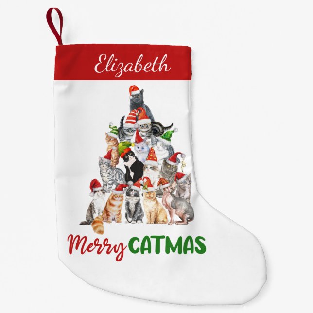 Personalised Merry Catmus Funny Cat Christmas  Small Christmas Stocking (Front)