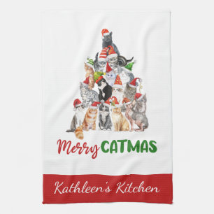 Personalised Merry Catmus Funny Cat Christmas  Tea Towel