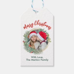 Personalised Merry Christmas Add your photo Wreath Gift Tags