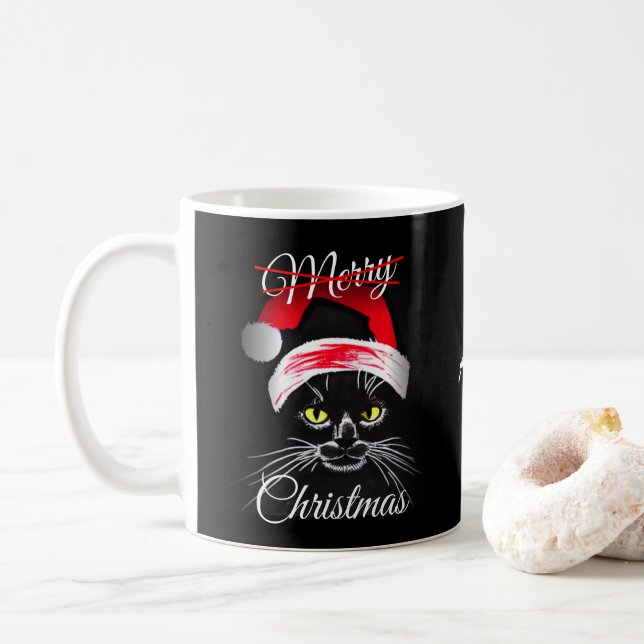 Personalised Merry Christmas Angry Black Cat   Coffee Mug (With Donut)