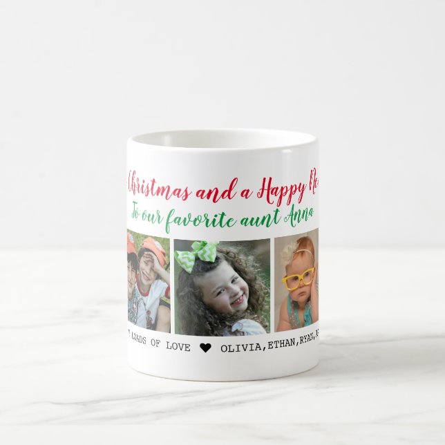 Personalised Merry Christmas Aunt 5 Photo Collage  Coffee Mug (Center)