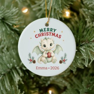 Personalised Merry Christmas Baby Dragon Ceramic Tree Decoration