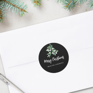 Personalised Merry Christmas Berries Leaves Black Classic Round Sticker