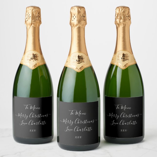 Personalised Merry Christmas Black and White Sparkling Wine Label (Bottles)