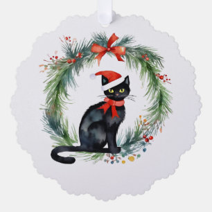 Personalised Merry Christmas Black Cat and Wreath Tree Decoration Card