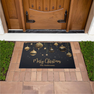 Personalised Merry Christmas Black Gold Ornaments Doormat