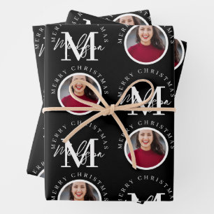 Personalised Merry Christmas Black Monogram Photo Wrapping Paper Sheet