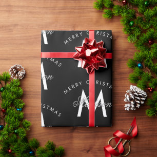 Personalised Merry Christmas Black Monogram Wrapping Paper