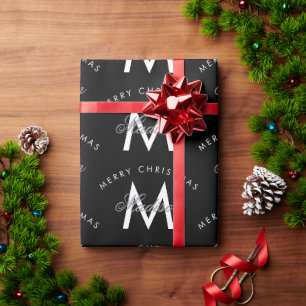 Personalised Merry Christmas Black Monogram Wrapping Paper