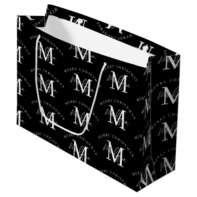 Personalised Merry Christmas Black White Monogram  Large Gift Bag (Front Angled)