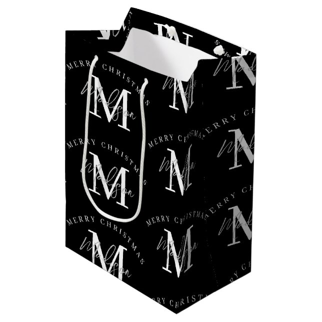 Personalised Merry Christmas Black White Monogram Medium Gift Bag (Front Angled)