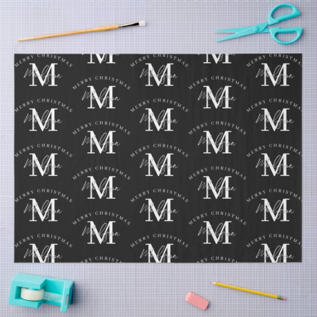 Personalised Merry Christmas Black White Monogram  Tissue Paper (Craft)